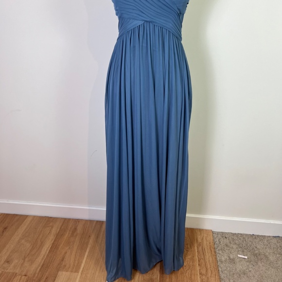 David’s Bridal Steel Blue Mesh Cut Out Spaghetti Strap Bridesmaid Dress NWT - Picture 4 of 13